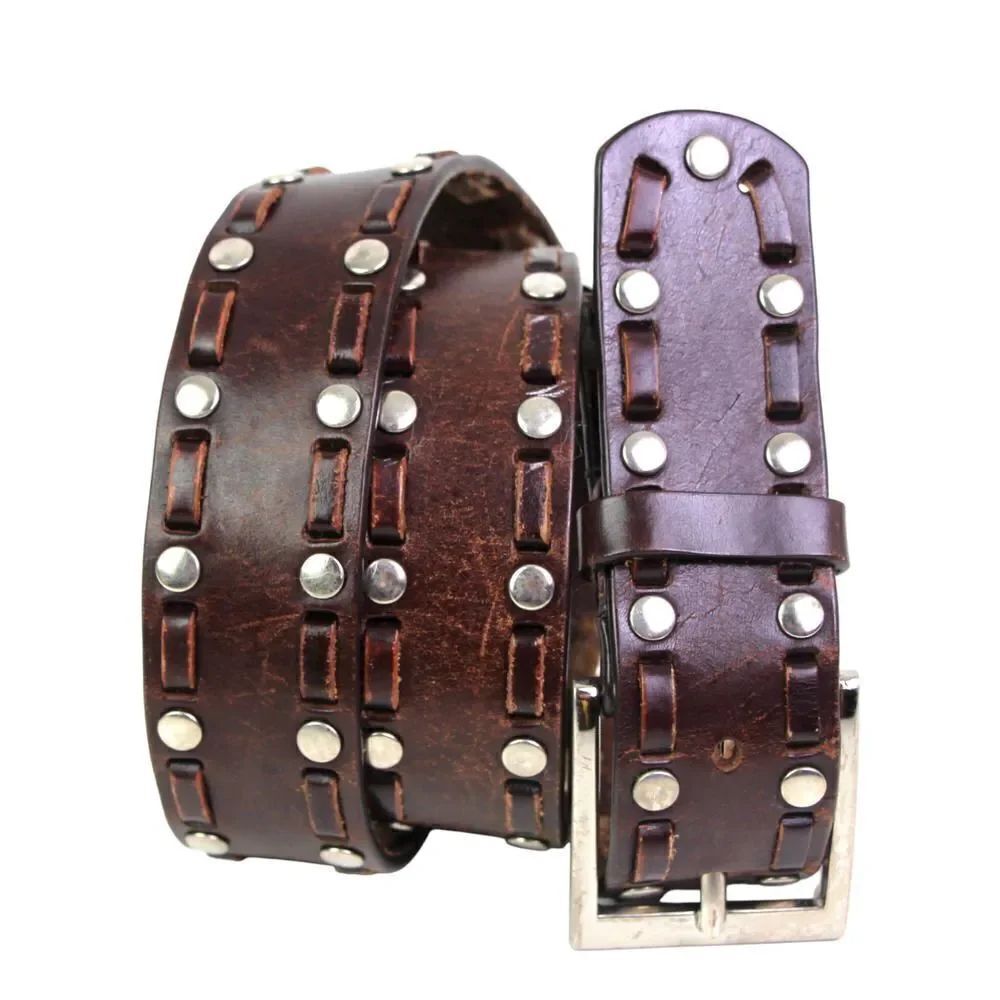 BROWN GENUINE LEATHER 1 1/4"Wd STUDS STITCH CASUAL DRESS WOMEN'S BELT Sz S (99T